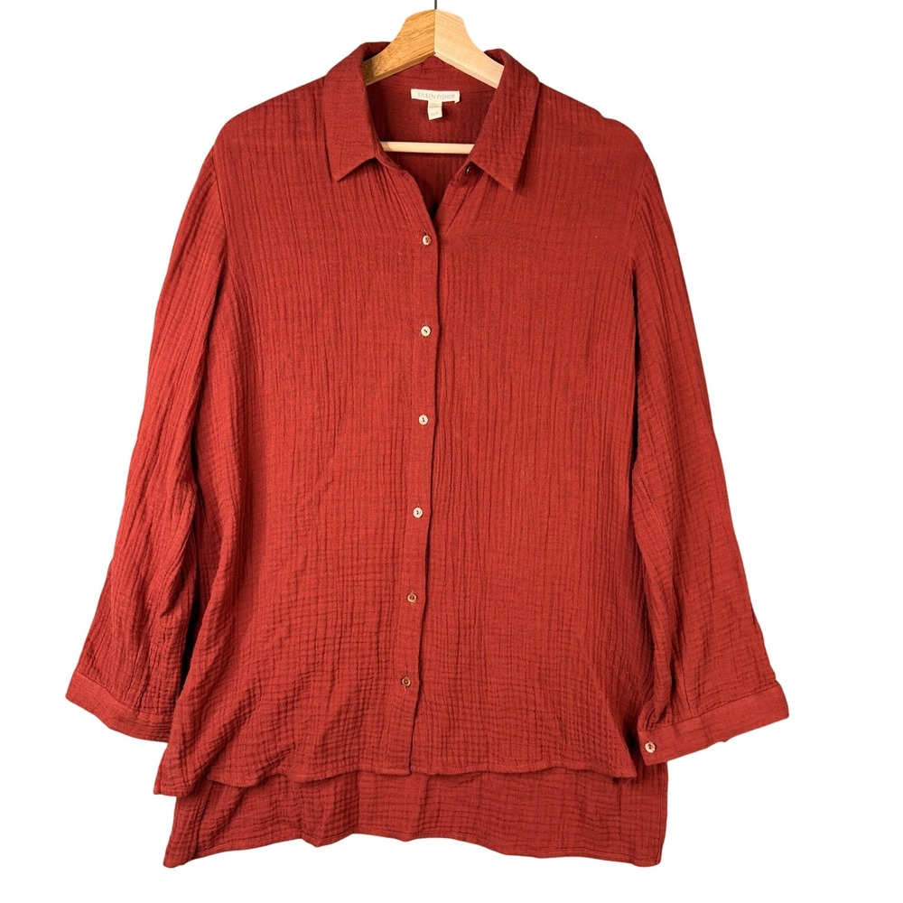Eileen Fisher Organic Cotton Double Gauze Button Down Tunic Shirt Rust XS